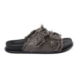 Shelvt Grå flip flops med pels og studs