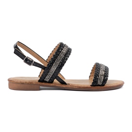 Shelvt Sorte flade sandaler med dekorationer