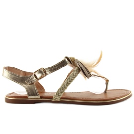 Sandaler med fjer boho SL76 guld gylden