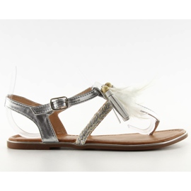 Fjer sandaler boho SL76 sølv grå