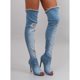 Blå denim lårhøje støvler