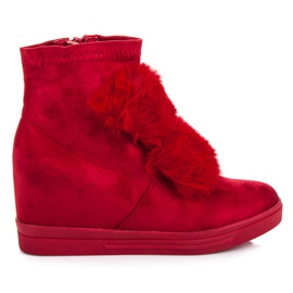 Wedge sneakers med pels rød