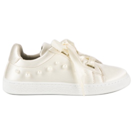 Satin sneakers med perler beige
