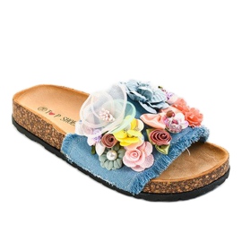 Blå hjemmesko med blomster W-15 flerfarvet