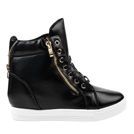 Sorte sneakers på en kilehæl med en gylden lynlås DD477-1