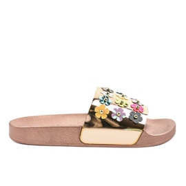 Rose guld tøfler med blomster D7659-2 lyserød