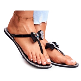 LU BOO Kvinders gummistøvler Sorte flip-flops Lissy rhinestones