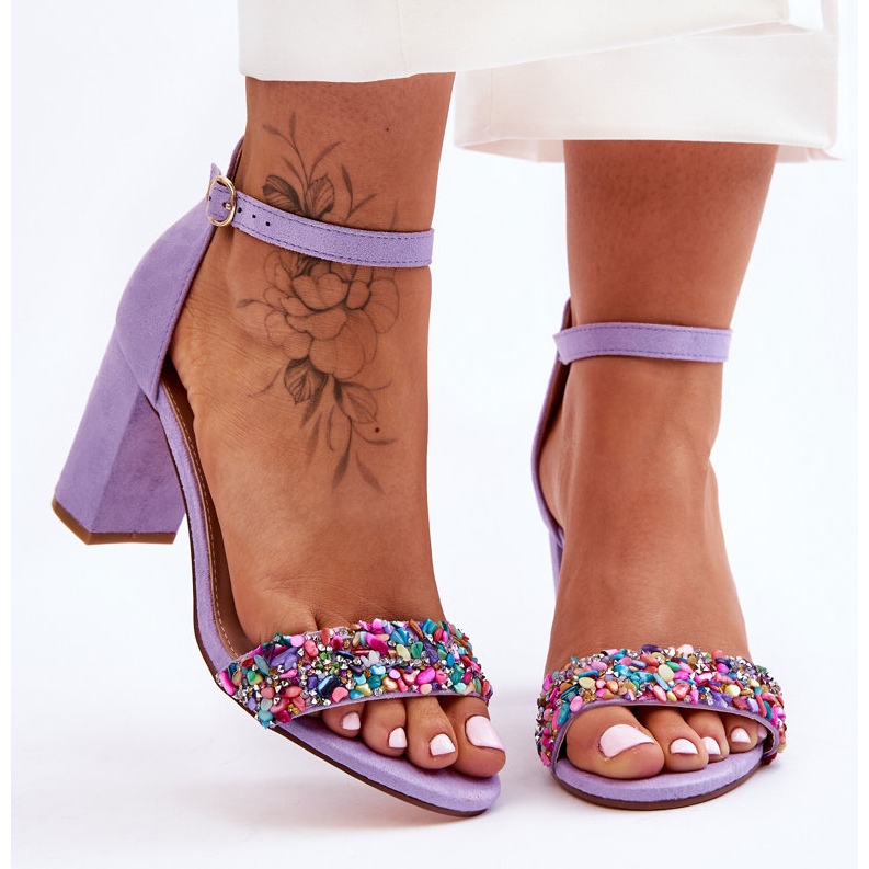 vin Forventer charme Moderigtige højhælede sandaler med sten Lilla Love Me violet - KeeShoes