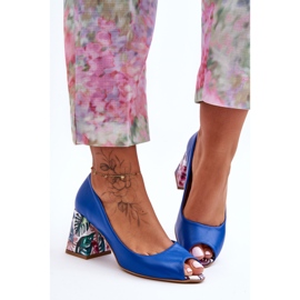 Lewski Shoes Læder Pumps Med En Dekorativ Hæl Leski Sko 2608/K Blå 1