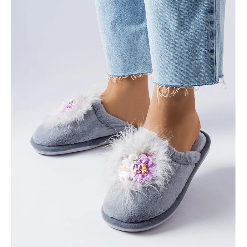 Grå varme hjemmesko med Moly blomster 1