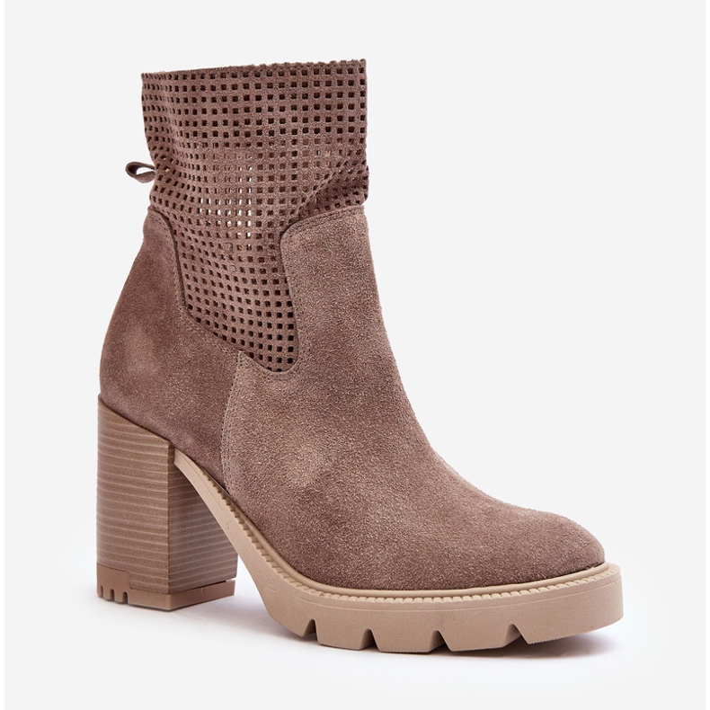 Lewski Shoes Ruskind gennembrudte damestøvler på høj hæl, Beige Lewski 3386 1