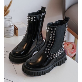 Piger-patent Chelsea-støvler dekoreret med sorte Adelie-rhinestones 1