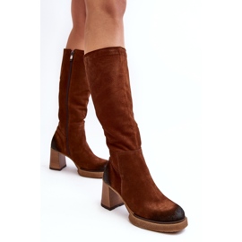 Ruskindsstøvler med høj hæl til kvinder over knæet Lemar Brown Ceraxa brun 3