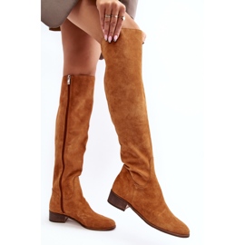 Dame-over-the-knee-støvler i ruskind med flad kamel Hewanella brun 3