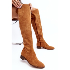 Dame-over-the-knee-støvler i ruskind med flad kamel Hewanella brun 7