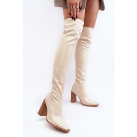 Kvinders over-knæhøjhælede støvler, Beige Øko-læder Orcella 4