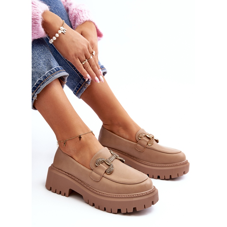 Damemokkasiner med dekoration, mørk beige gargi 1