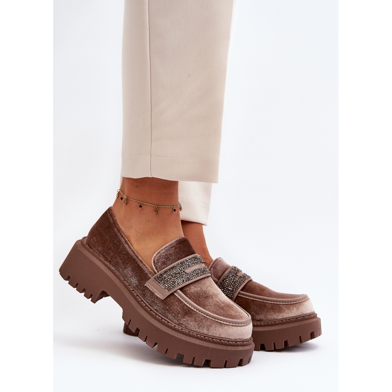 Velourmokkasiner til kvinder med dekoration, brun Wendreda 2