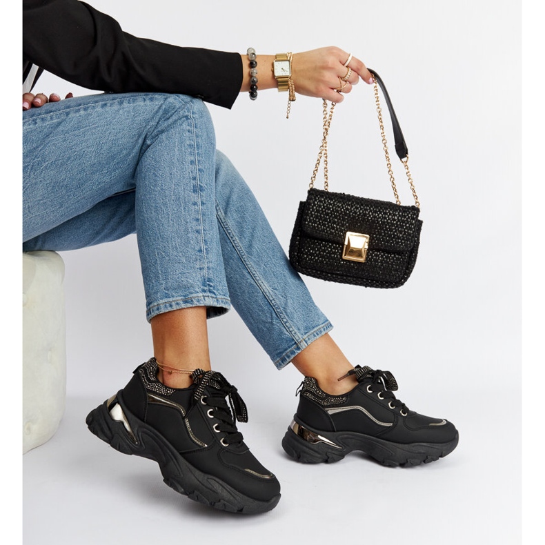 Sorte massive sneakers med euklidiske rhinestones 1