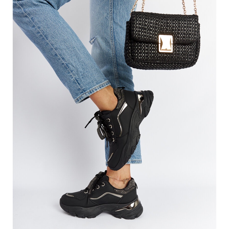 Sorte massive sneakers med euklidiske rhinestones 2