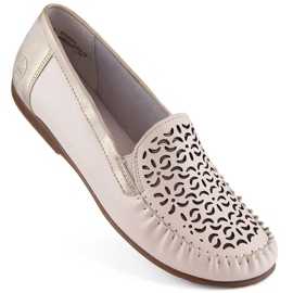 Komfortable sko i læder, gennembrudte mokkasiner til kvinder, beige Rieker L6350-60 7