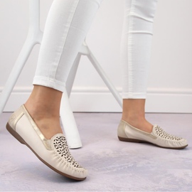 Komfortable sko i læder, gennembrudte mokkasiner til kvinder, beige Rieker L6350-60 9