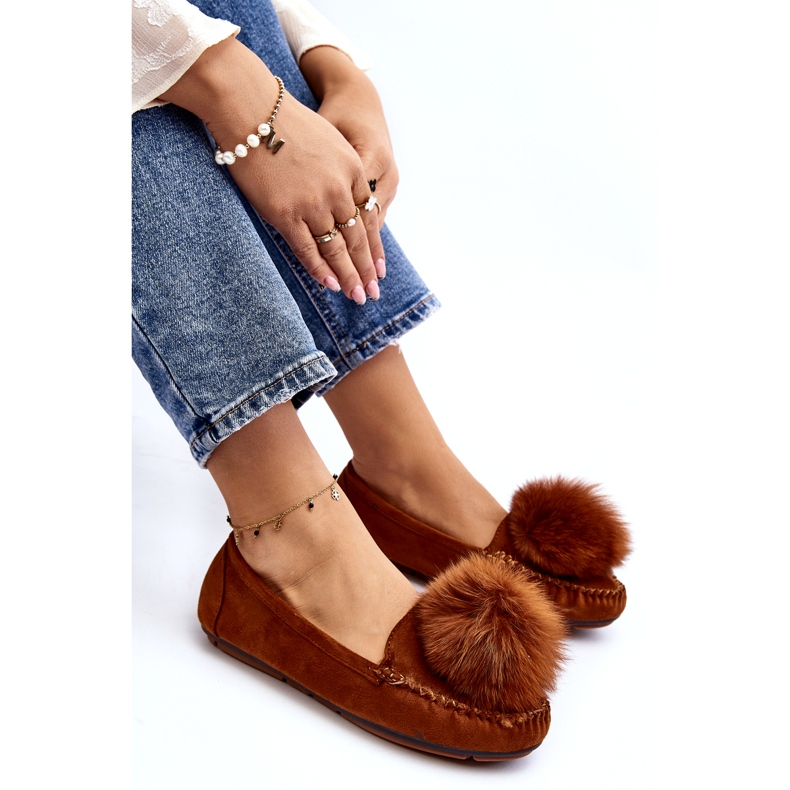 Kvinders kamelens pels loafers med pels og pompom brun 3