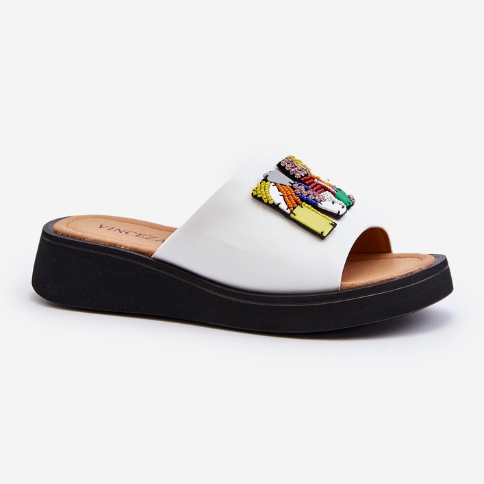 Vinceza Dame læder flip-flops med hvid Asames dekoration 1