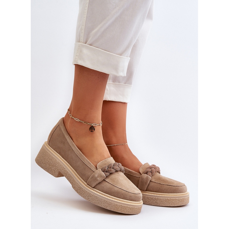 Zazoo 3429/W ruskindsmokkasiner til kvinder med dekoration, beige 2