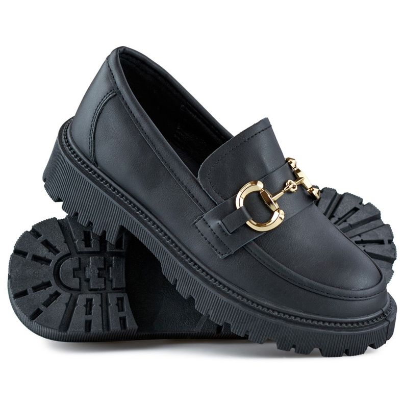 Sorte dame loafers med gulddekoration 1