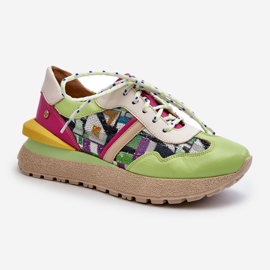 Sneakers i læder til kvinder på platformen Maciejka 06322-09 Grøn-Pink 2