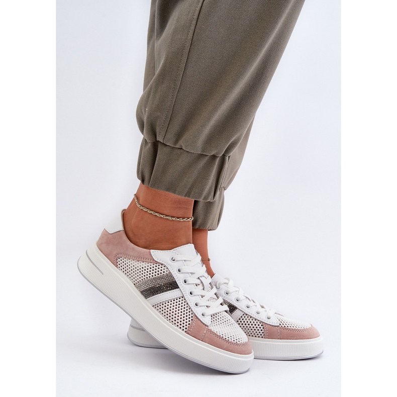S.Barski D&amp;A Sneakers i læder til kvinder LR110 Hvid og Pink 2