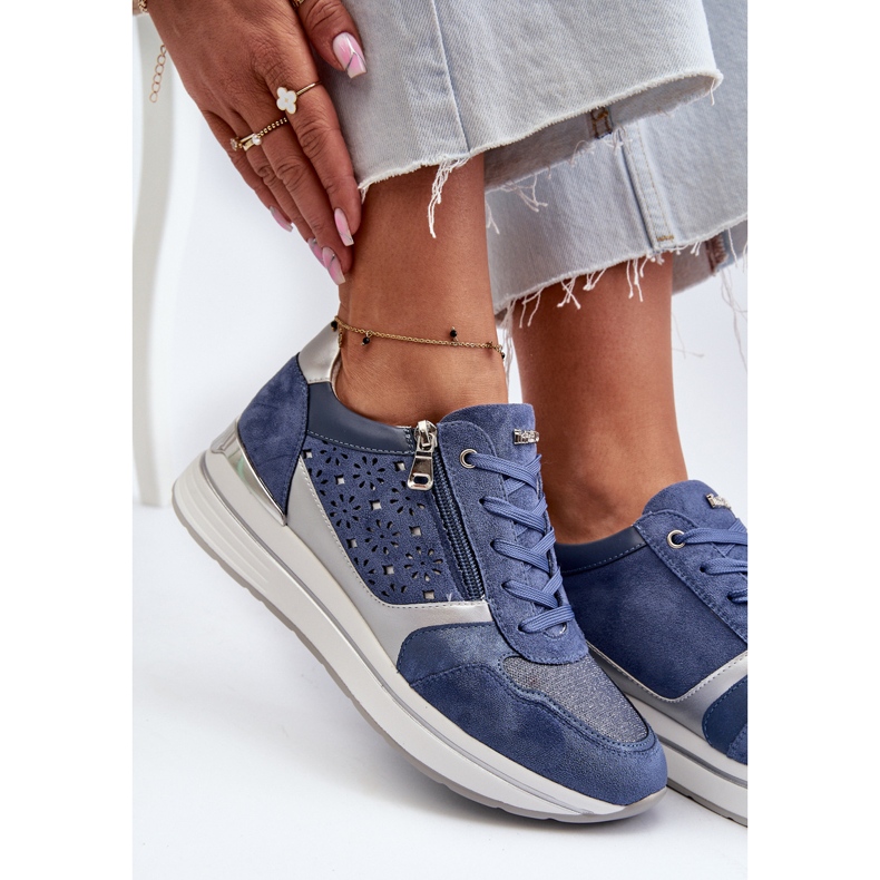 Platformsneakers til kvinder med gennembrudt mønster og glitter INBLU IN000372 Blå 2
