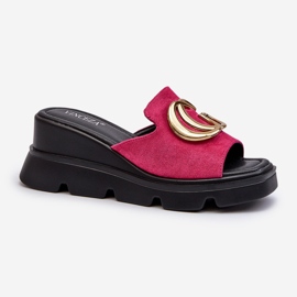 Vinceza Flip-flops til kvinder lavet af øko ruskind på en kile og en platform med gulddekoration Fuchsia Iaria lyserød 1