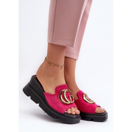 Vinceza Flip-flops til kvinder lavet af øko ruskind på en kile og en platform med gulddekoration Fuchsia Iaria lyserød 2