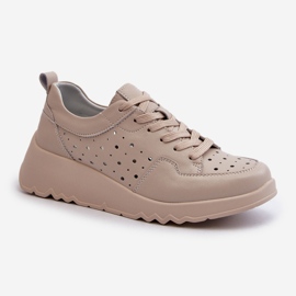 Gennembrudte sneakers til kvinder, naturligt læder, beige S.Barski LR482 1