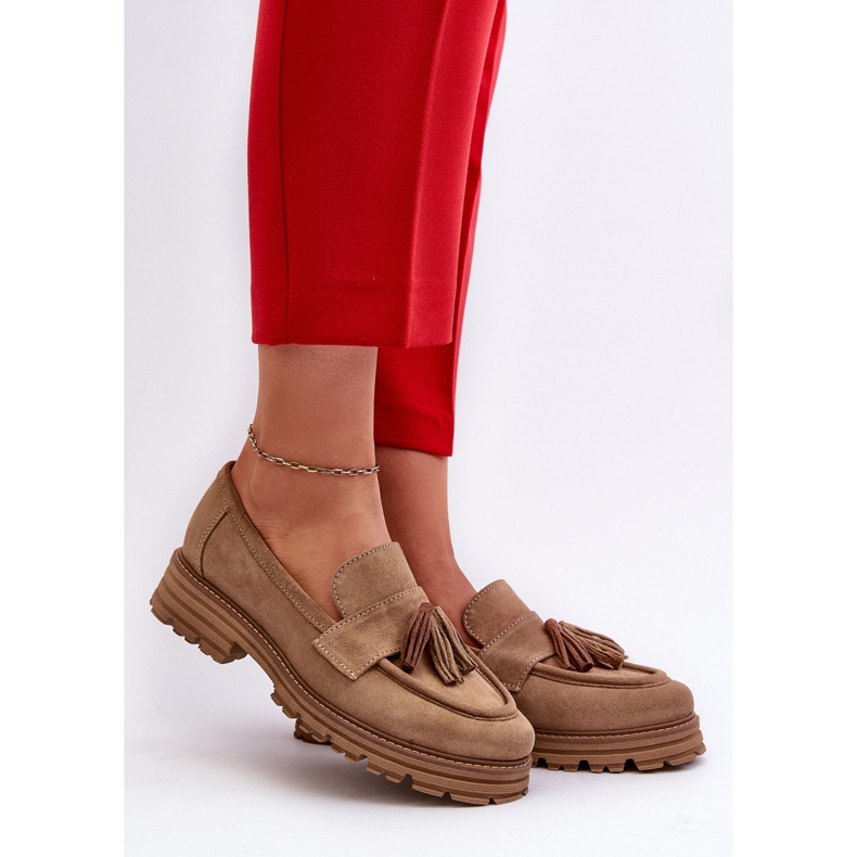 Zazoo 3469 ruskindsmokkasiner til kvinder med frynser, beige 2