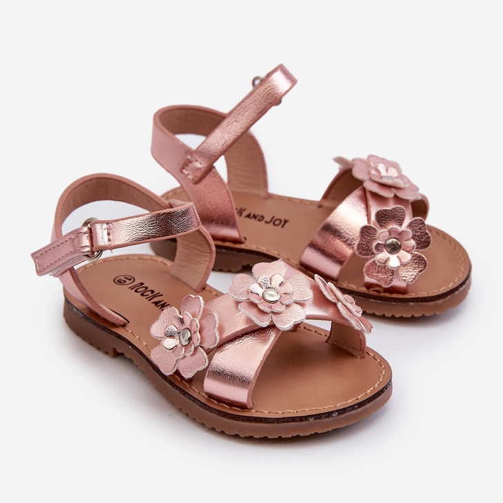 Børnesandaler dekoreret med blomster, fastgjort med velcro, Pink Fagossa lyserød 1