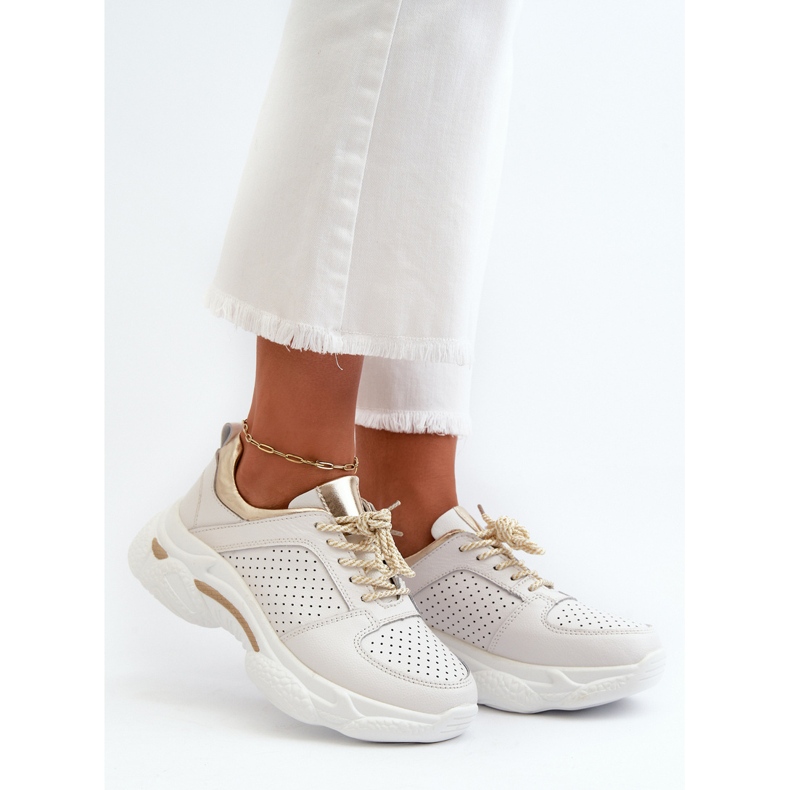 Dame læder sneakers med en tyk sål hvid og guld Dzumati gylden 1