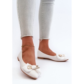 Dame øko læder ballerina sko med sløjfe og broche, hvid satris 2