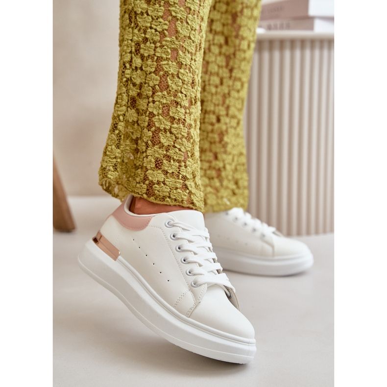 Sneakers med lav top til kvinder på platform lavet af øko-læder, hvid og pink, Nevelena 2