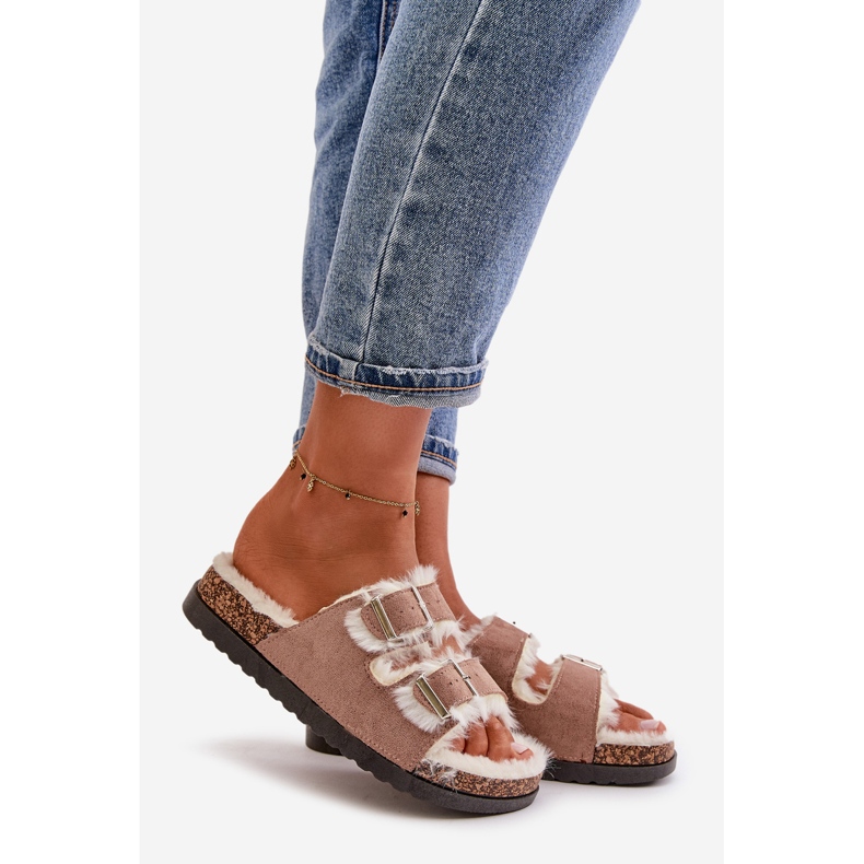 Dame Hjemmesko Flip-flops Med Spænder Og Pels Beige Ezilena 1