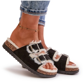 Dametøfler Flip-flops med spænder og pels, sort Ezilena 9