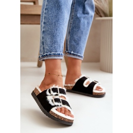 Dametøfler Flip-flops med spænder og pels, sort Ezilena 2