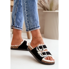 Dametøfler Flip-flops med spænder og pels, sort Ezilena 3