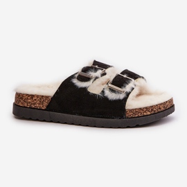 Dametøfler Flip-flops med spænder og pels, sort Ezilena 4