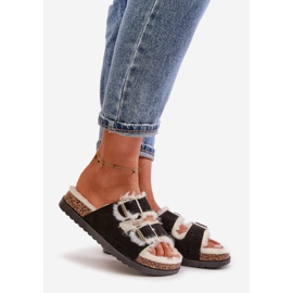 Dametøfler Flip-flops med spænder og pels, sort Ezilena 1