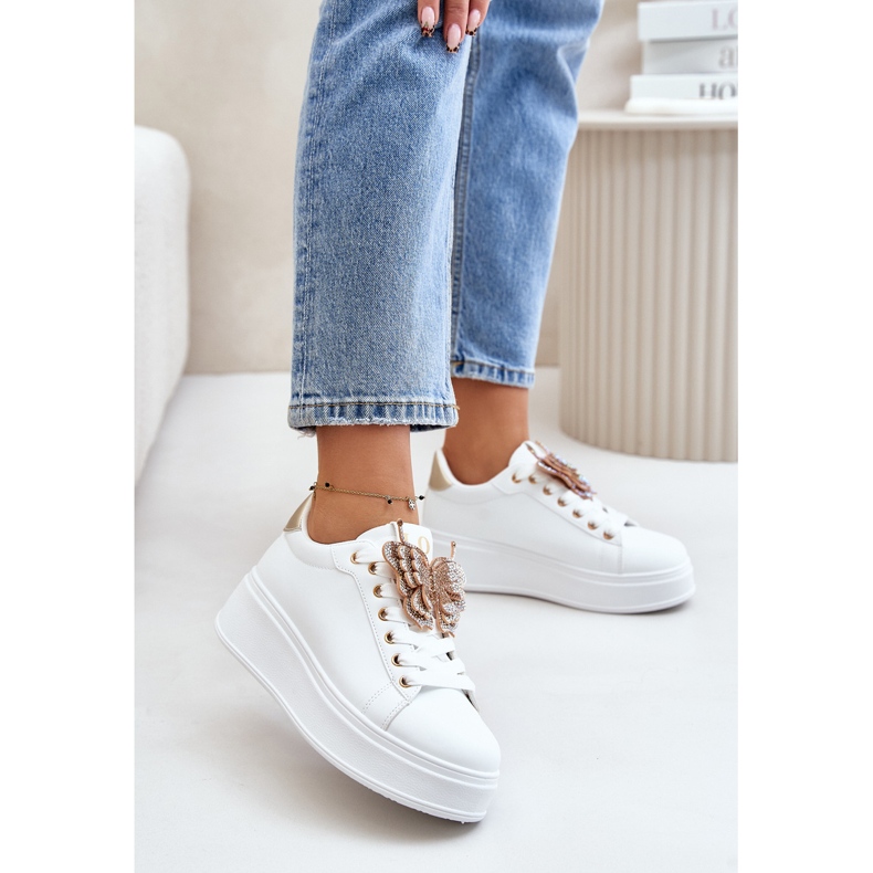 Sneakers på platform til kvinder med sommerfugl, hvid og guld Naritevia 2