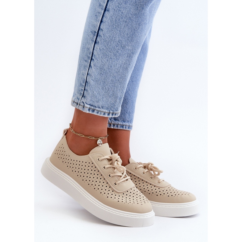 Beige openwork platform sneakers 1