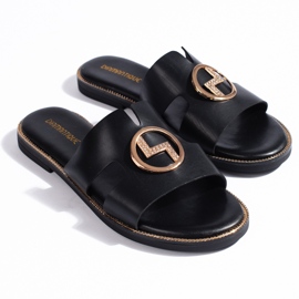 Sorte flade flip-flops med gulddekoration 1